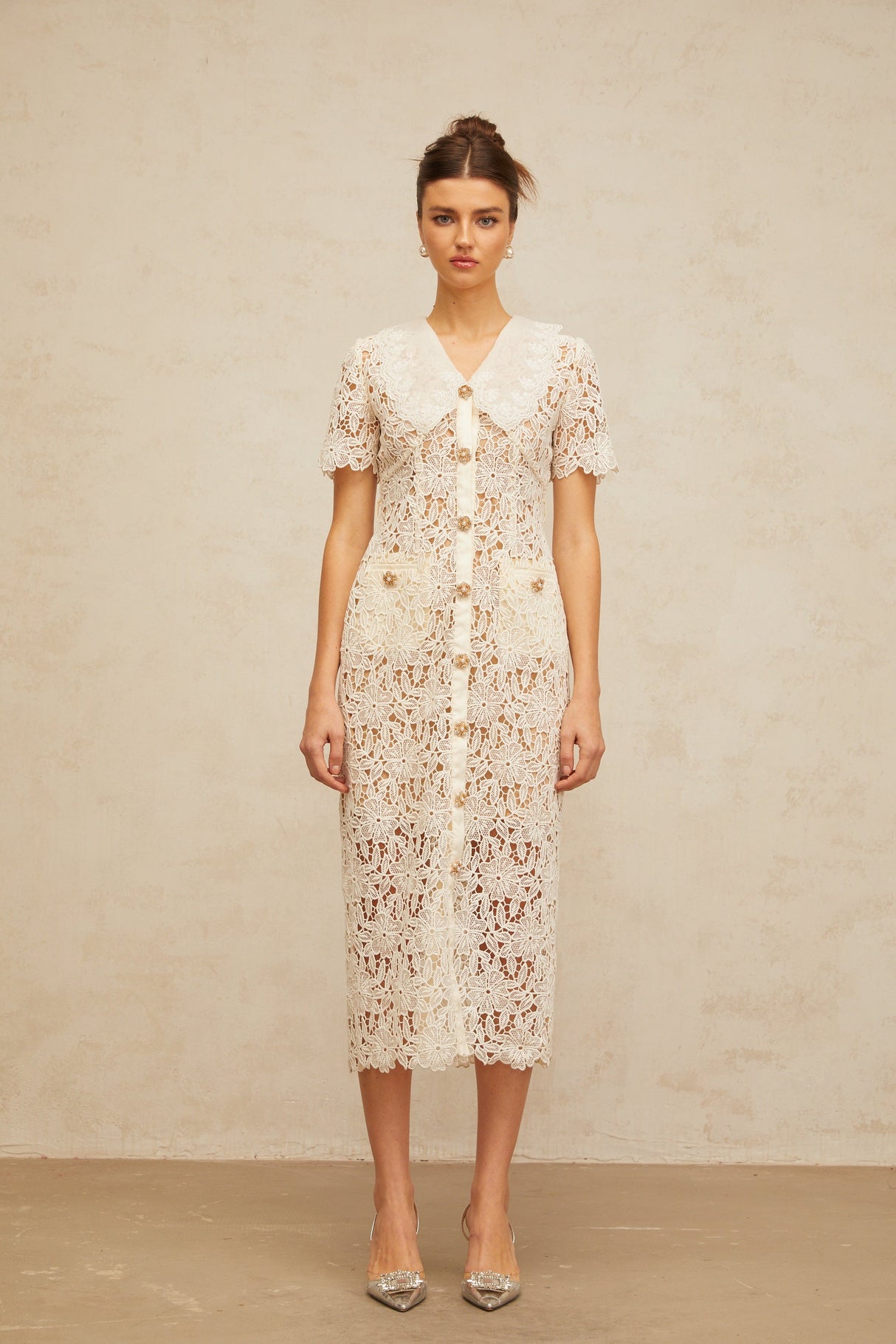 Aurohaya Sophie off-white corded-lace midi dress