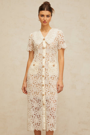 Aurohaya Sophie off-white corded-lace midi dress