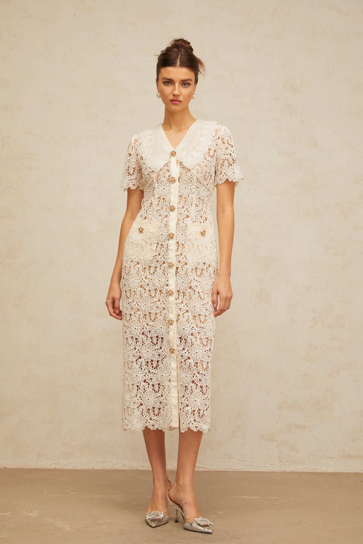 Aurohaya Sophie off-white corded-lace midi dress