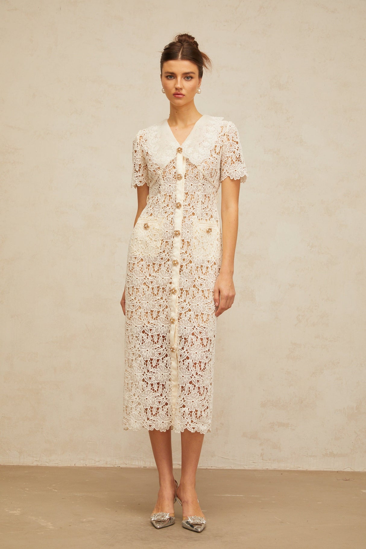 Aurohaya Sophie off-white corded-lace midi dress