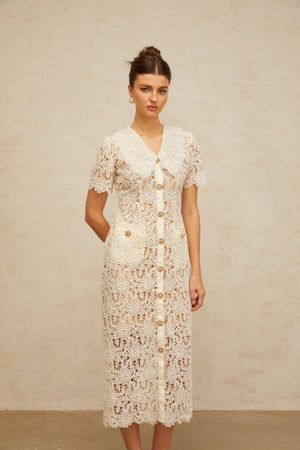 Aurohaya Sophie off-white corded-lace midi dress