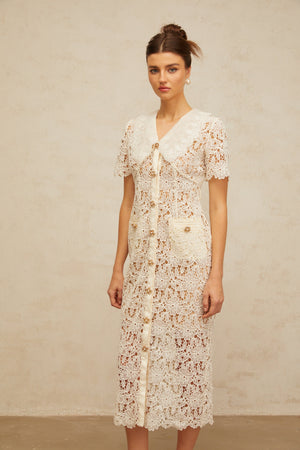 Aurohaya Sophie off-white corded-lace midi dress