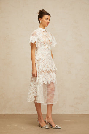 Aurohaya Yasmine White Floral-embroidered Midi Dress