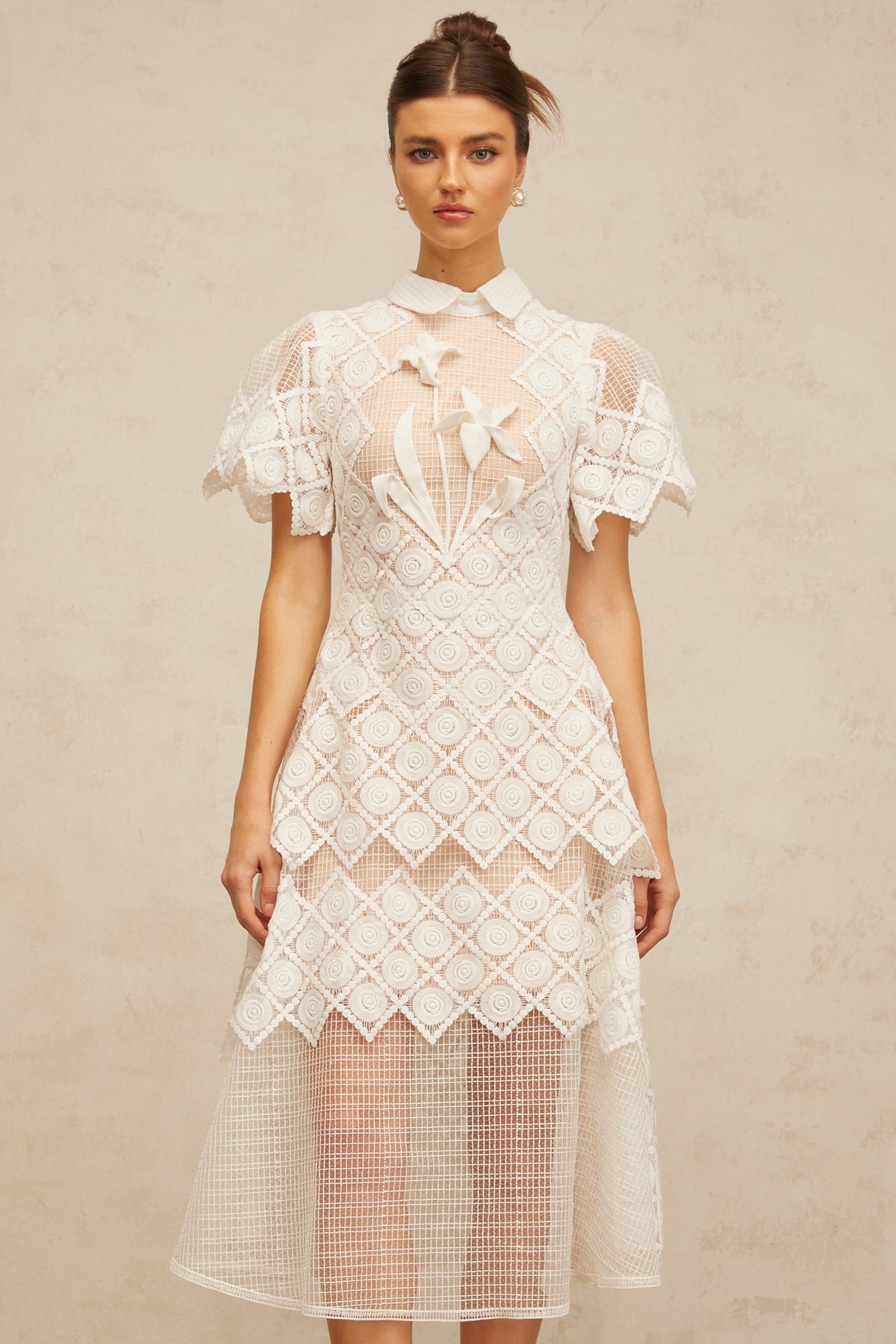 Aurohaya Yasmine White Floral-embroidered Midi Dress