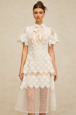 Aurohaya Yasmine White Floral-embroidered Midi Dress