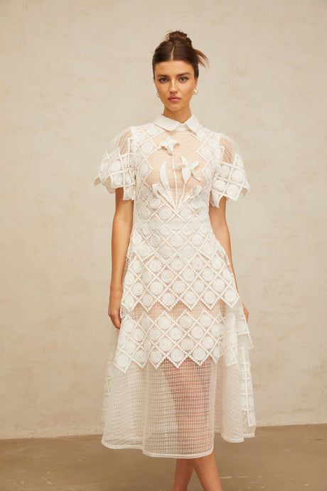 Aurohaya Yasmine White Floral-embroidered Midi Dress