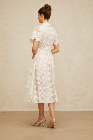 Aurohaya Yasmine White Floral-embroidered Midi Dress