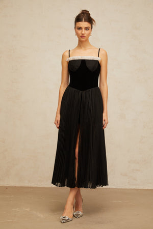 Aurohaya Clémence black velvet-panel pleated midi dress