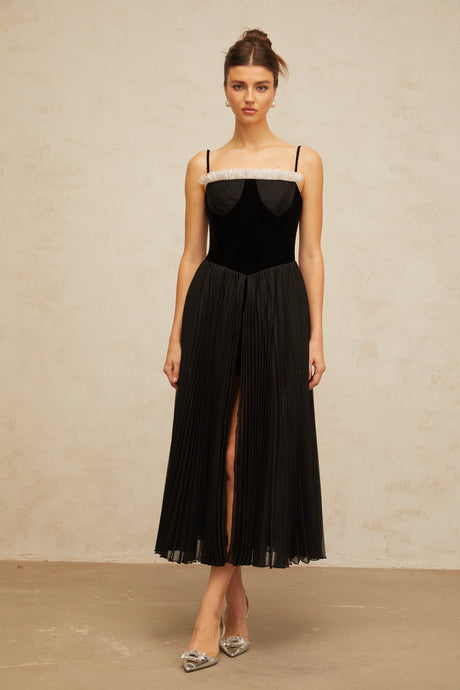 Aurohaya Clémence black velvet-panel pleated midi dress
