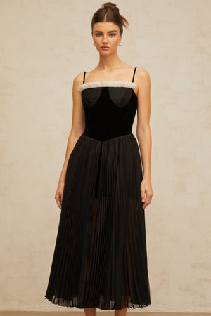 Aurohaya Clémence black velvet-panel pleated midi dress