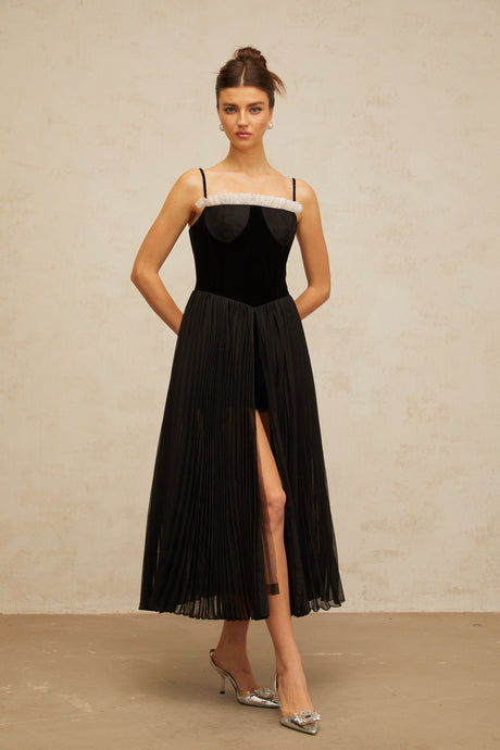 Aurohaya Clémence black velvet-panel pleated midi dress