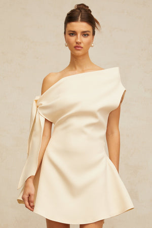 Aurohaya Colette cream-white self-tie-ribbon flared mini dress