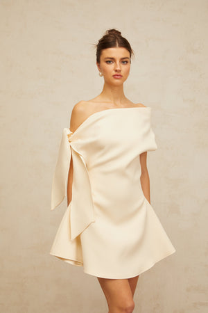 Aurohaya Colette cream-white self-tie-ribbon flared mini dress