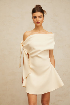 Aurohaya Colette cream-white self-tie-ribbon flared mini dress