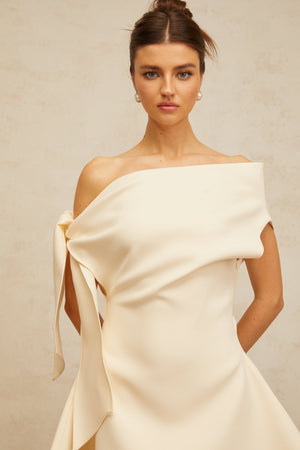 Aurohaya Colette cream-white self-tie-ribbon flared mini dress