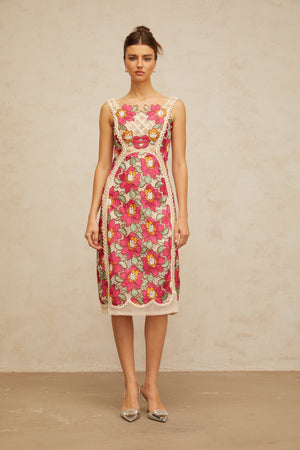 Aurohaya Nalini rose-pink braided floral-embroidered midi dress