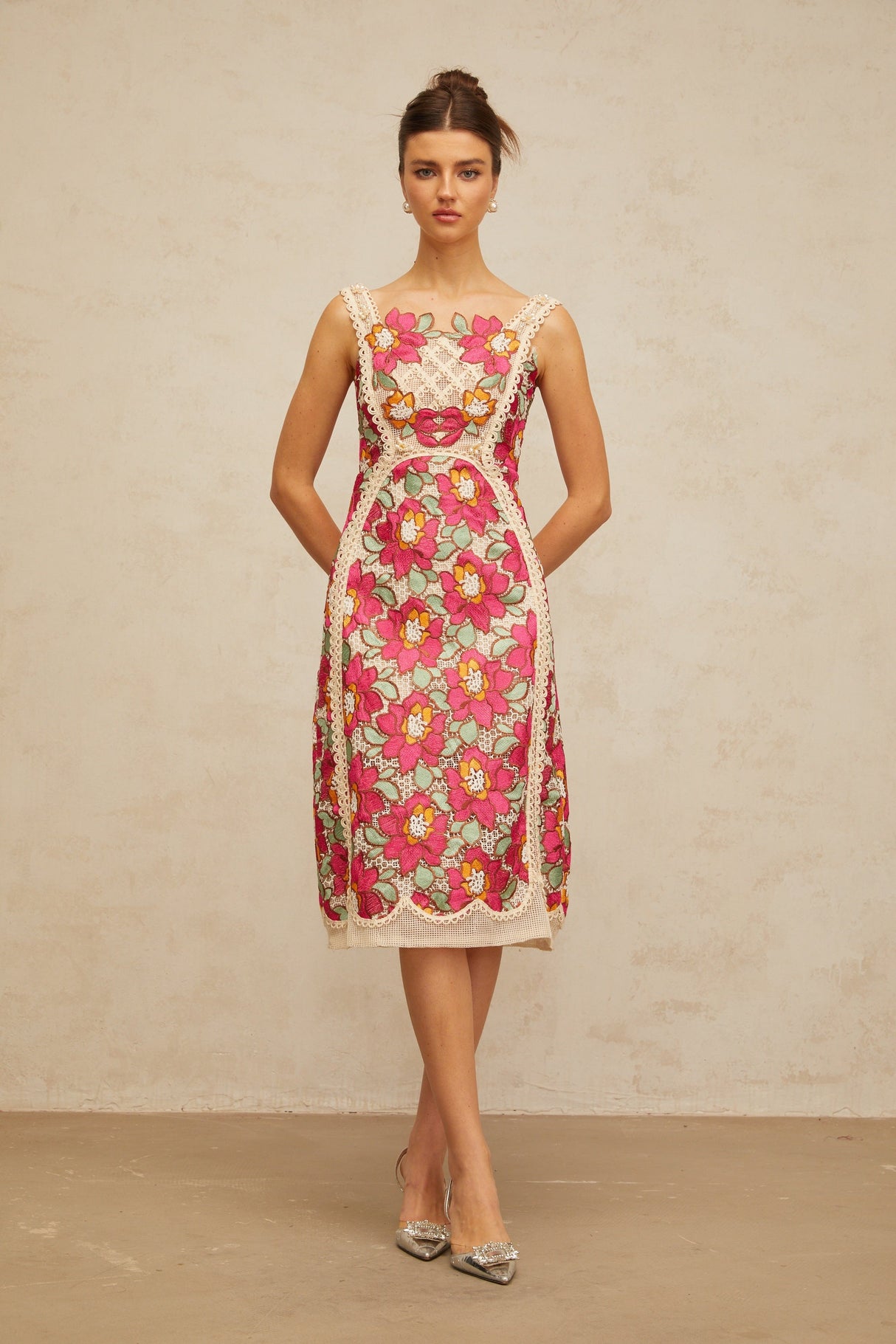 Aurohaya Nalini rose-pink braided floral-embroidered midi dress