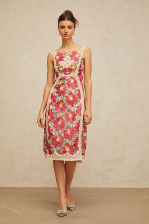 Aurohaya Nalini rose-pink braided floral-embroidered midi dress