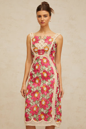 Aurohaya Nalini rose-pink braided floral-embroidered midi dress
