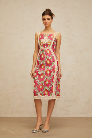 Aurohaya Nalini rose-pink braided floral-embroidered midi dress