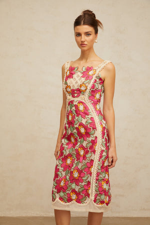 Aurohaya Nalini rose-pink braided floral-embroidered midi dress