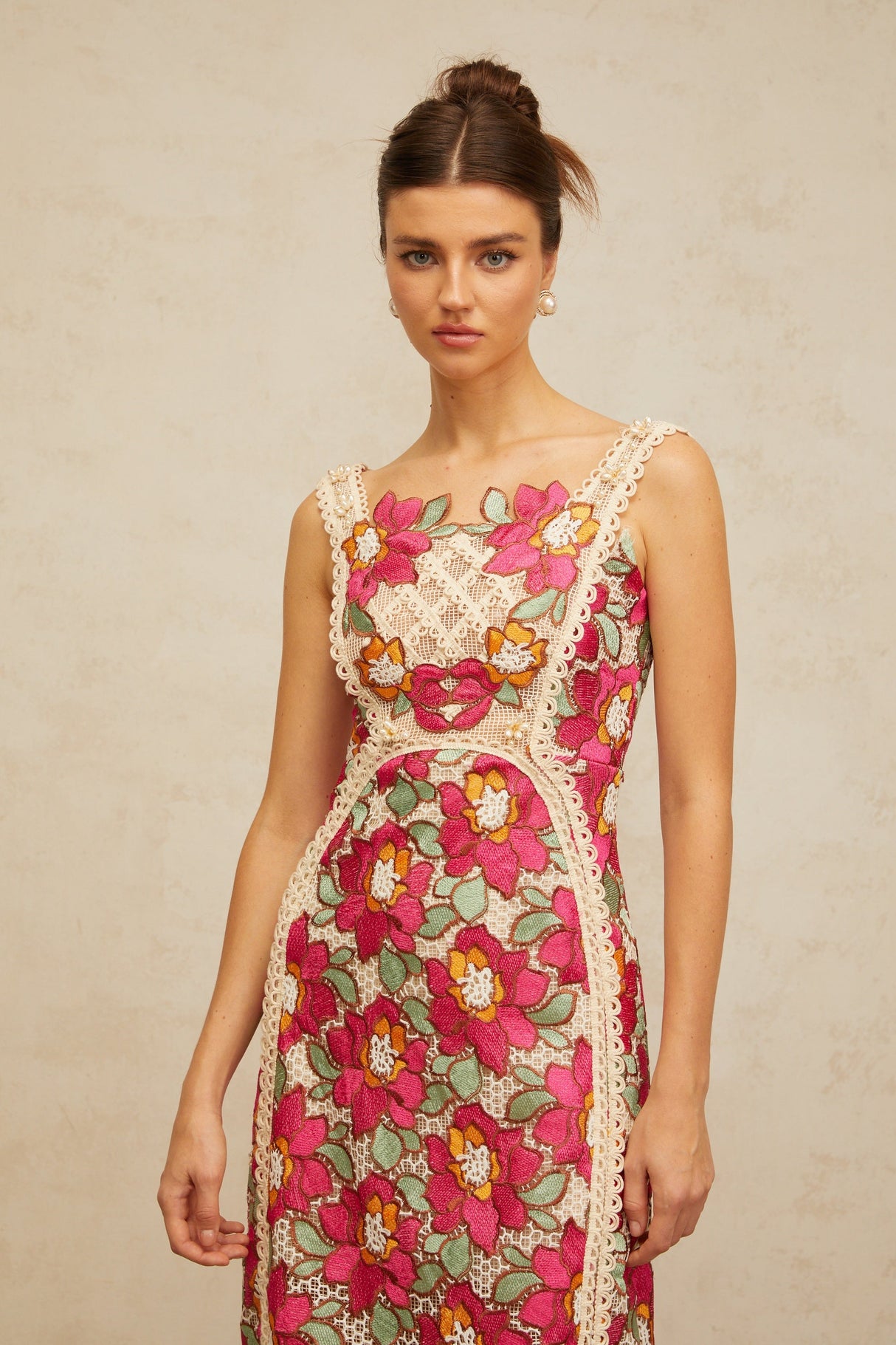 Aurohaya Nalini rose-pink braided floral-embroidered midi dress