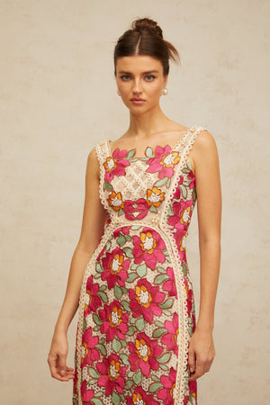 Aurohaya Nalini rose-pink braided floral-embroidered midi dress