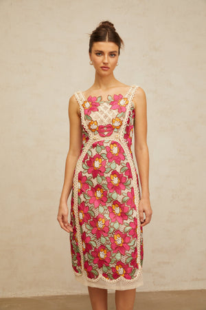 Aurohaya Nalini rose-pink braided floral-embroidered midi dress