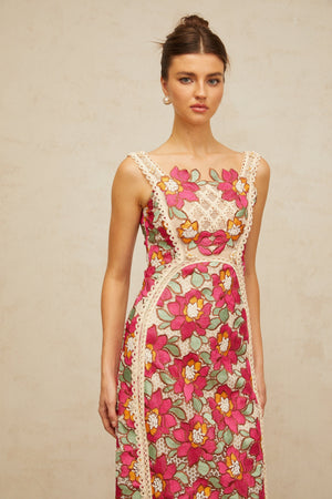 Aurohaya Nalini rose-pink braided floral-embroidered midi dress