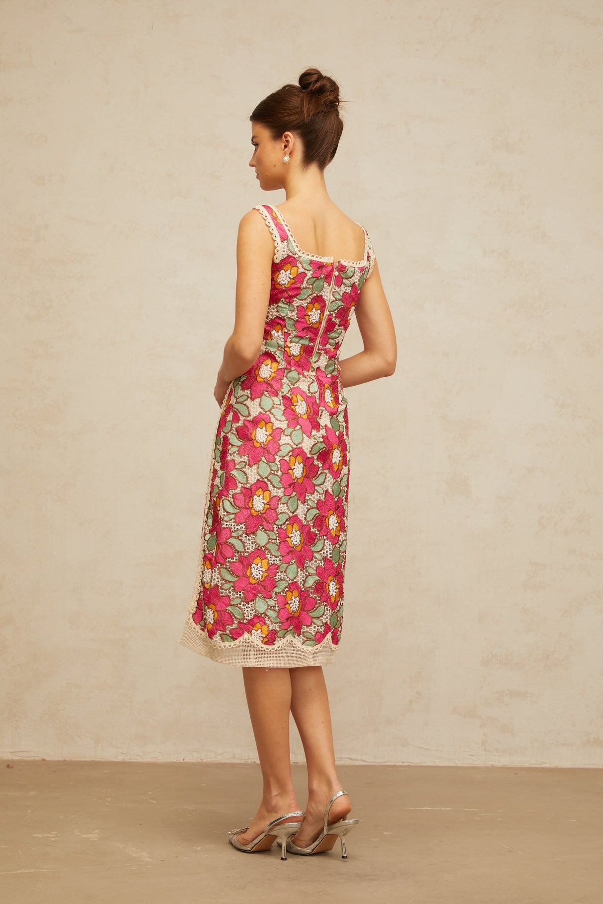 Aurohaya Nalini rose-pink braided floral-embroidered midi dress