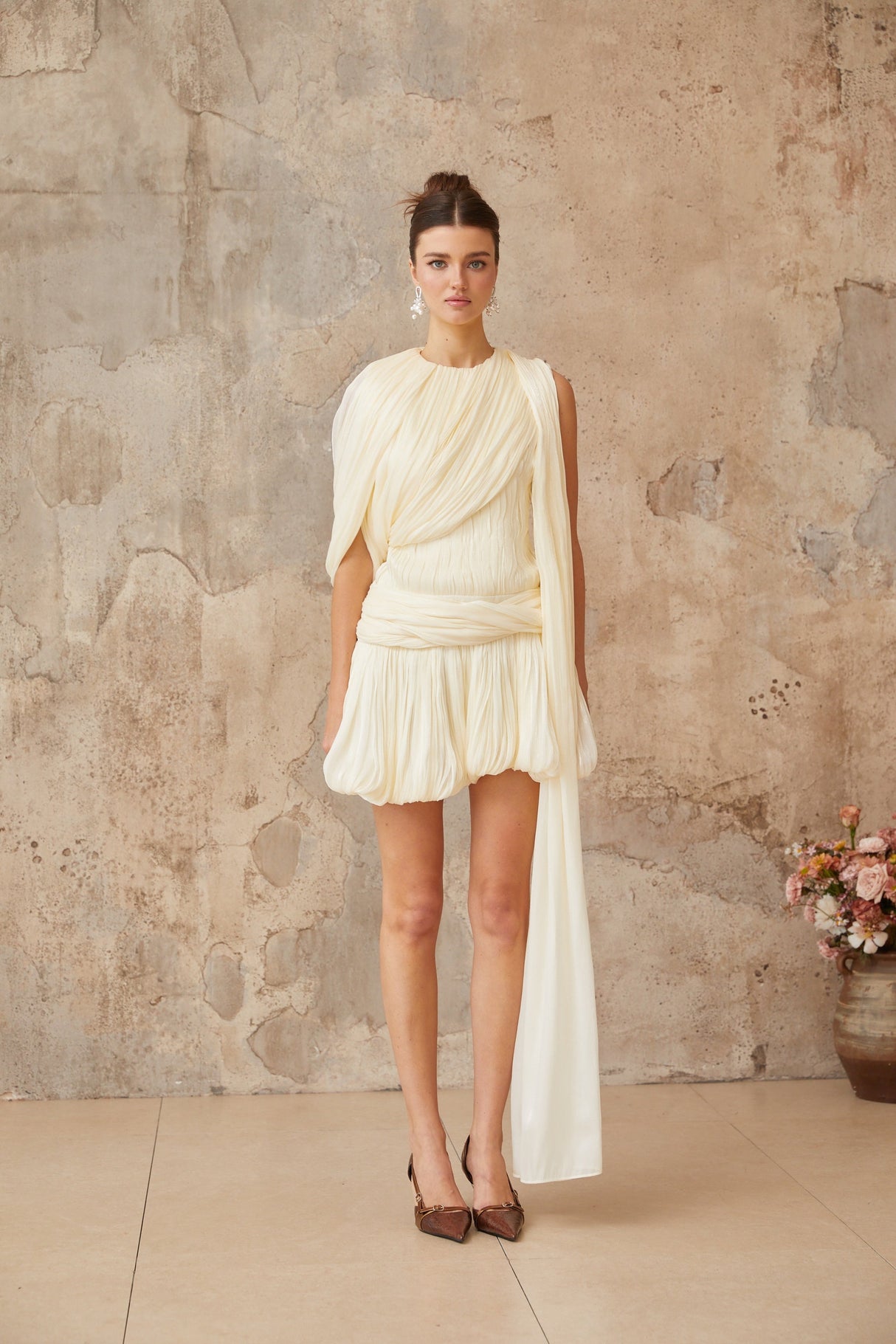 Aurohaya Cyrielle Pleated Mini Dress with Ribbon Design Accent