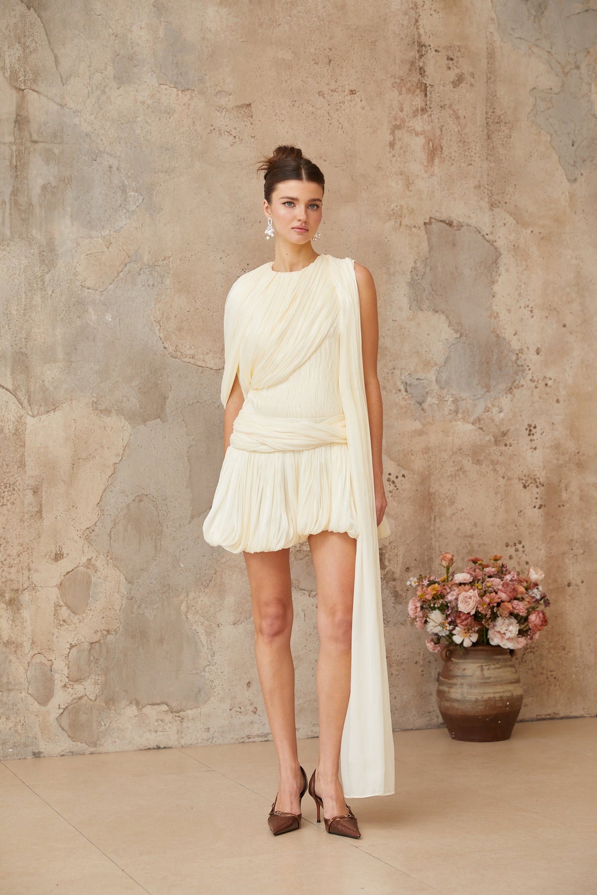 Aurohaya Cyrielle Pleated Mini Dress with Ribbon Design Accent