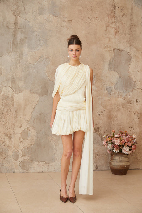 Aurohaya Cyrielle Pleated Mini Dress with Ribbon Design Accent