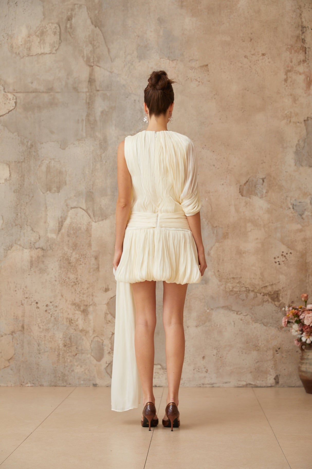 Aurohaya Cyrielle Pleated Mini Dress with Ribbon Design Accent
