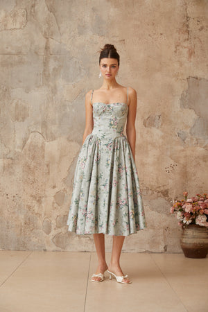 Aurohaya Prunelle sage-green floral-print shirred midi dress