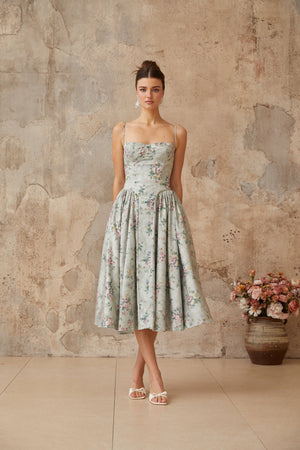 Aurohaya Prunelle sage-green floral-print shirred midi dress