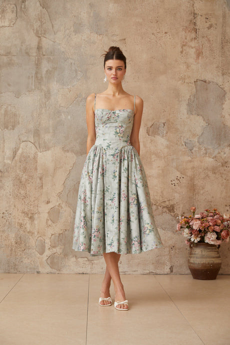 Aurohaya Prunelle sage-green floral-print shirred midi dress