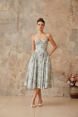 Aurohaya Prunelle sage-green floral-print shirred midi dress