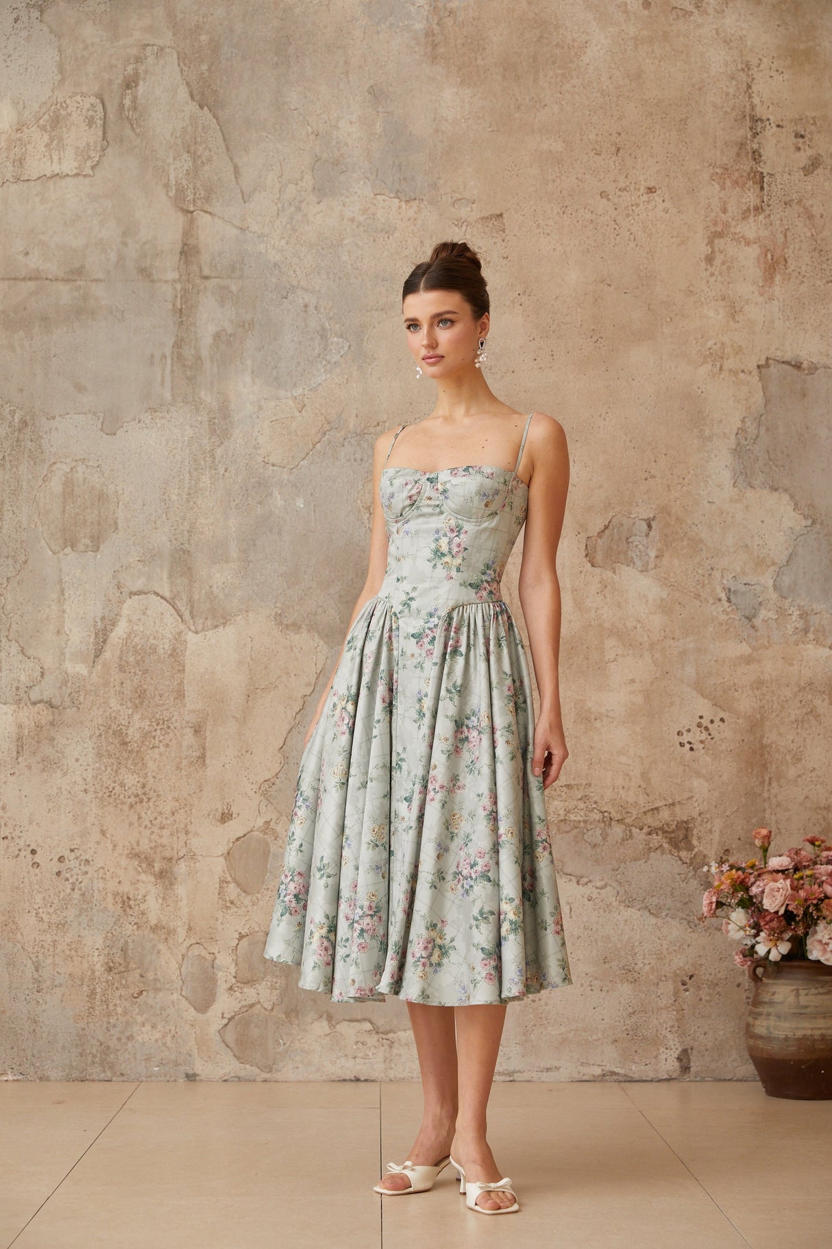 Aurohaya Prunelle sage-green floral-print shirred midi dress