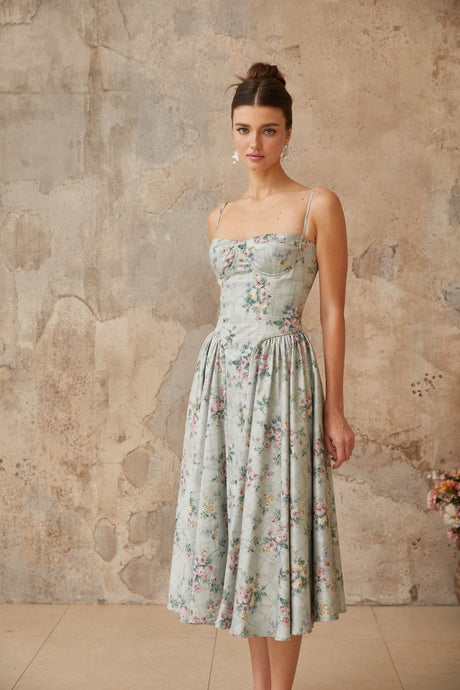 Aurohaya Prunelle sage-green floral-print shirred midi dress