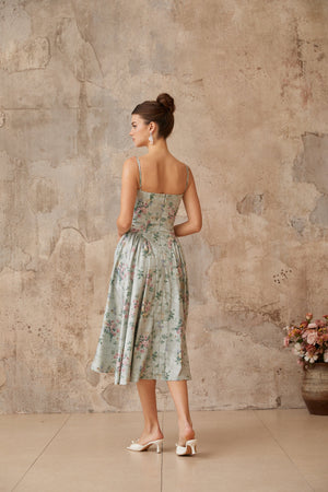 Aurohaya Prunelle sage-green floral-print shirred midi dress