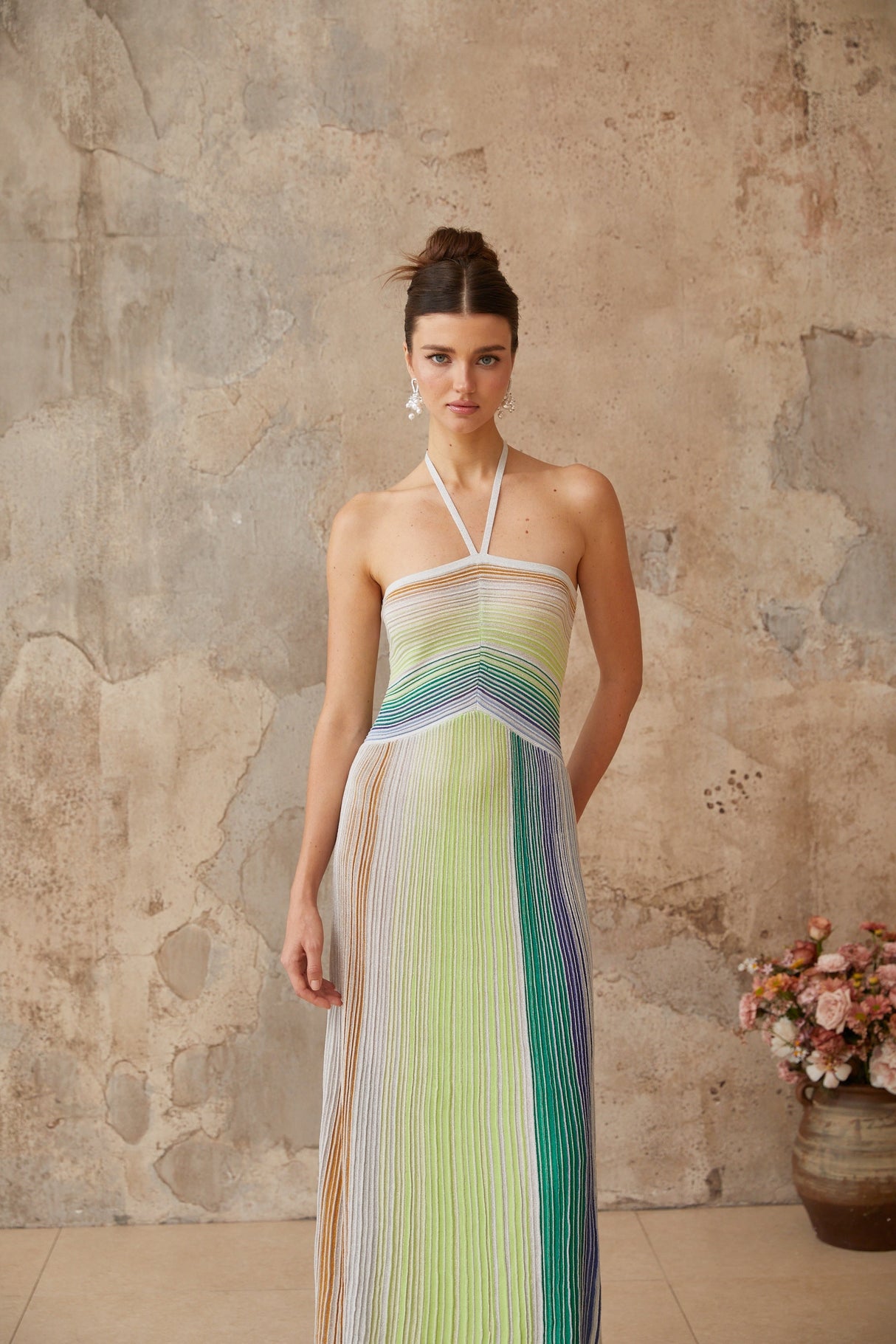 Aurohaya Serelith Metallic Knit Backless Maxi Dress