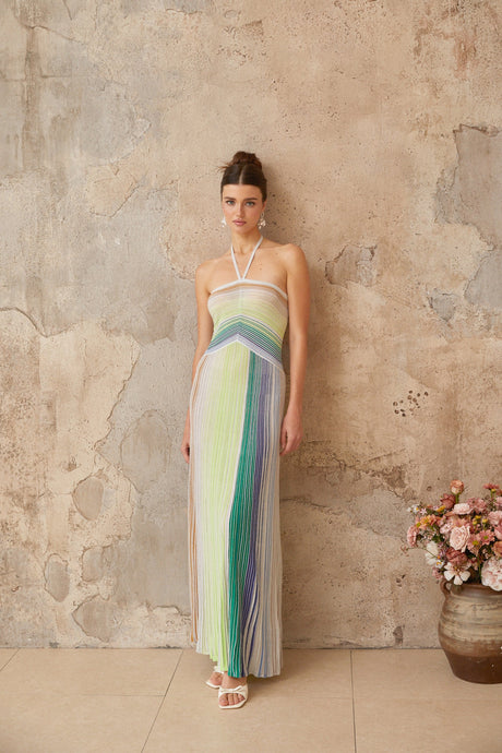Aurohaya Serelith Metallic Knit Backless Maxi Dress