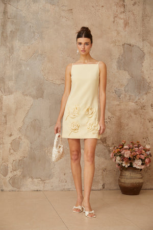 Aurohaya Tessa yellow floral-appliqué mini dress
