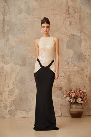 Aurohaya Uranie black panelled sequined corset maxi dress