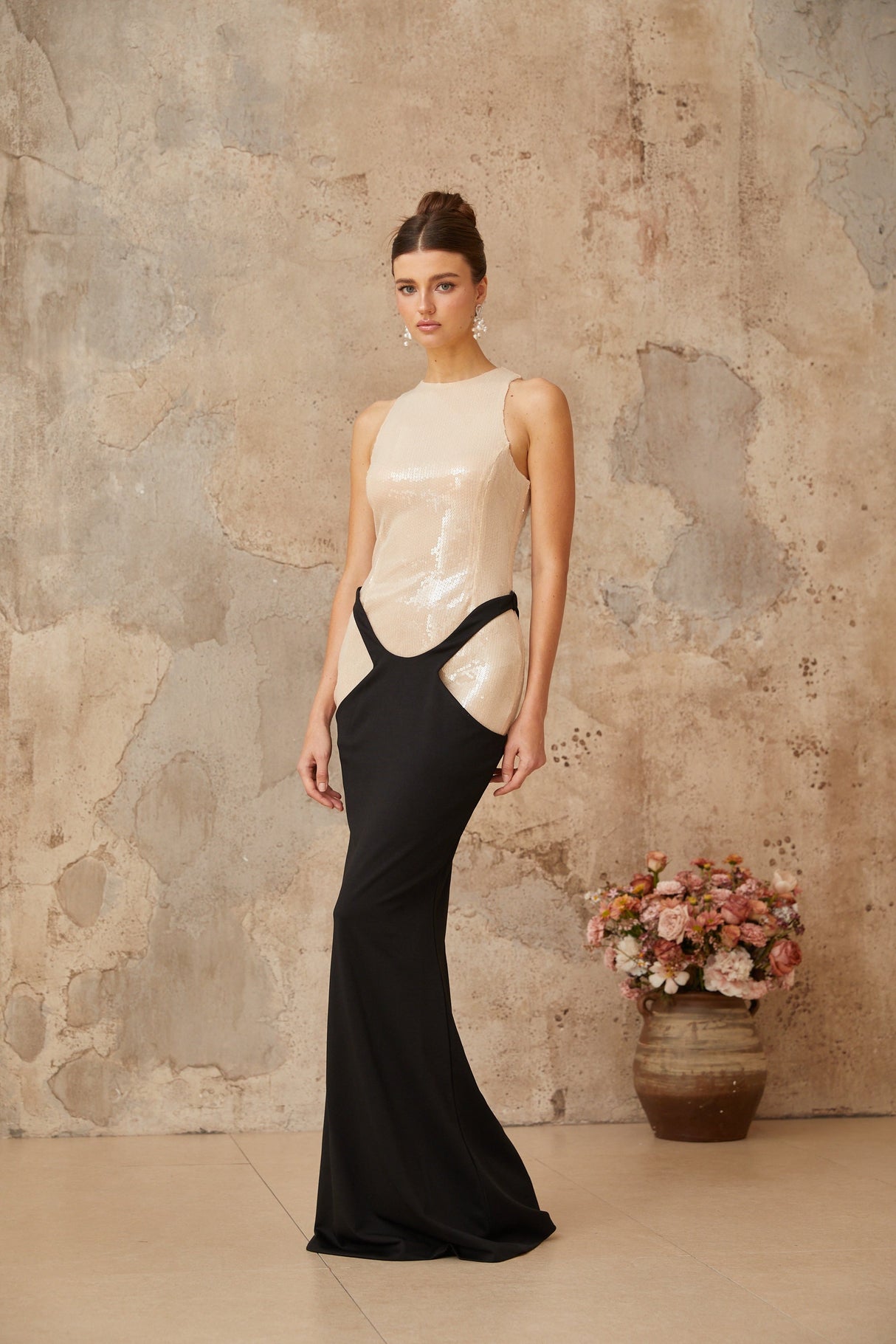 Aurohaya Uranie black panelled sequined corset maxi dress