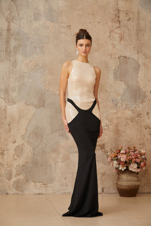 Aurohaya Uranie black panelled sequined corset maxi dress