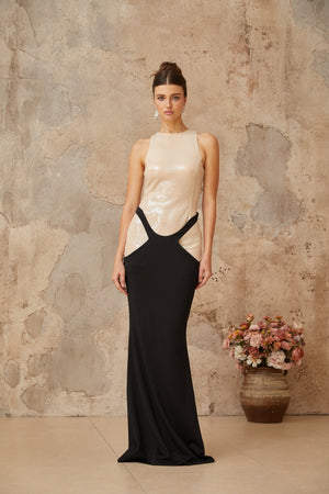Aurohaya Uranie black panelled sequined corset maxi dress