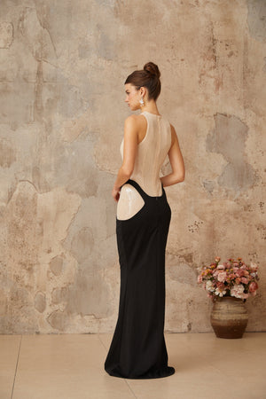Aurohaya Uranie black panelled sequined corset maxi dress