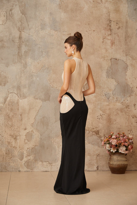 Aurohaya Uranie black panelled sequined corset maxi dress